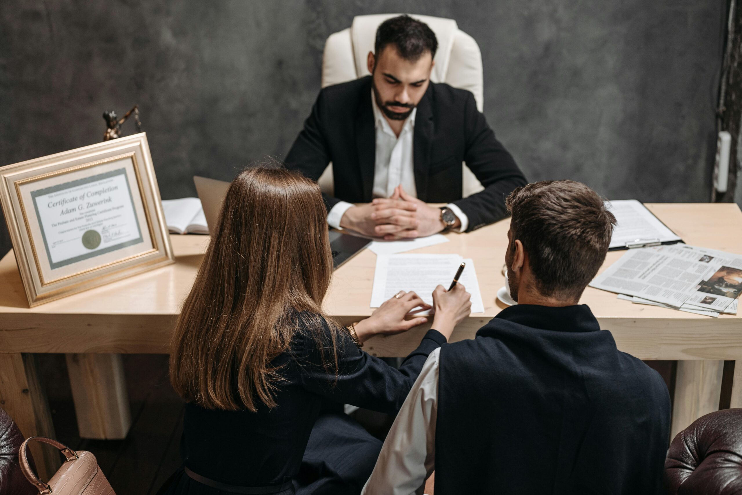 Business consultation: advisors reviewing LLC formation documents with clients