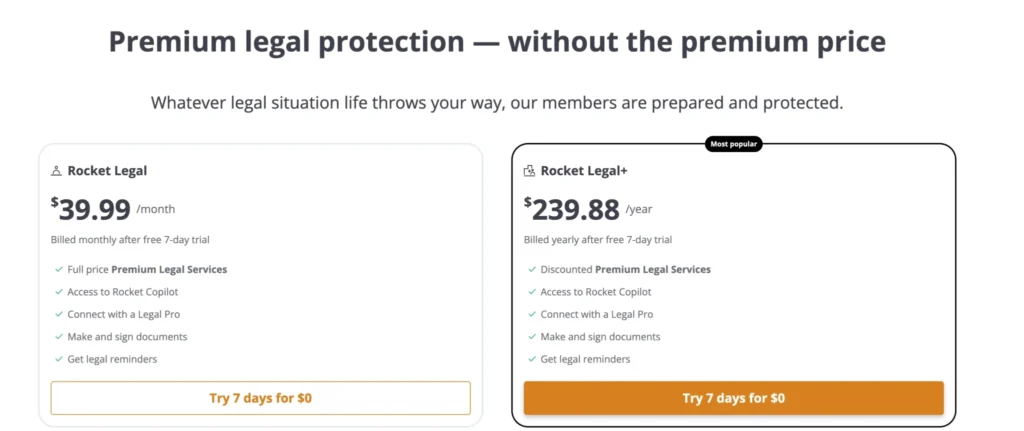 Rocket Lawyer Pricing Options