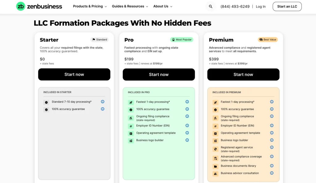 ZenBusiness - Pricing Plans